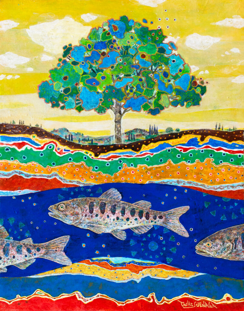 末永敏明による日本橋三越本店本館美術特選画廊 絵画展作品『水と大地　ヤマメのジャーニー』